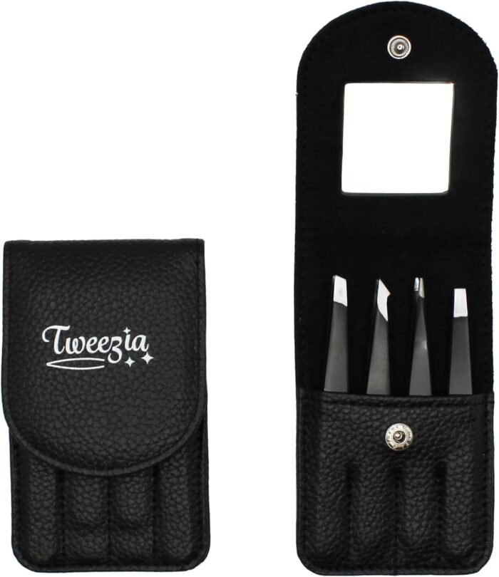 TWEEZIA Stainless Steel Tweezer Set - 4 Precision Tweezers with Mirror & Leather Case - Ideal Eyebrow Kit, Ingrown Hair Tweezers, Splinter Removal Kit or Pointed Tweezers for Beauty and Personal Care - Image 1