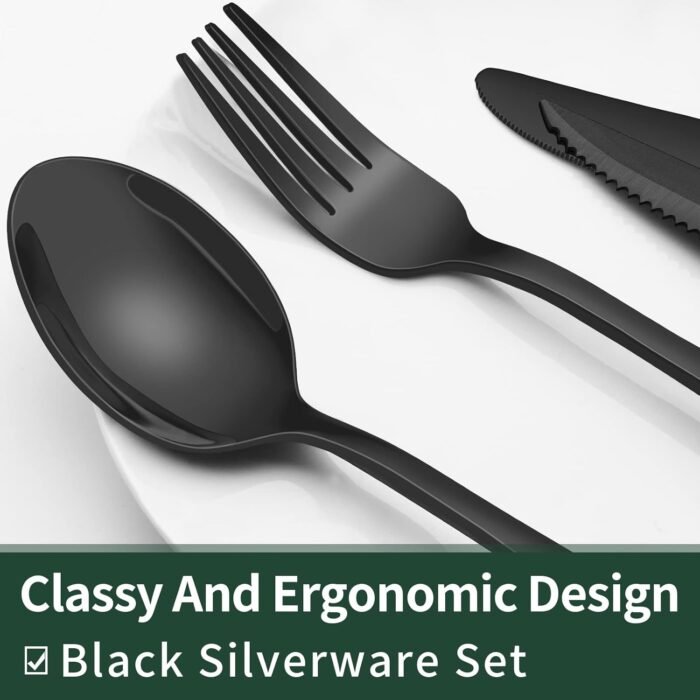 EWFEN 24-Piece Black Silverware Set with Steak Knives, Flatware for 4, Food-Grade Stainless Steel Tableware Cutlery Set, Mirror Finished Utensil Sets Home Restaurant - Image 3