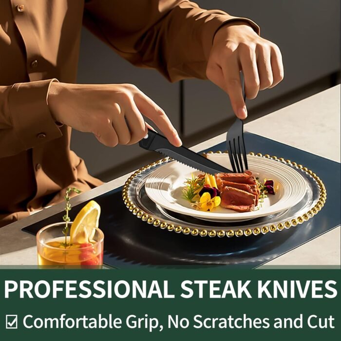 EWFEN 24-Piece Black Silverware Set with Steak Knives, Flatware for 4, Food-Grade Stainless Steel Tableware Cutlery Set, Mirror Finished Utensil Sets Home Restaurant - Image 4