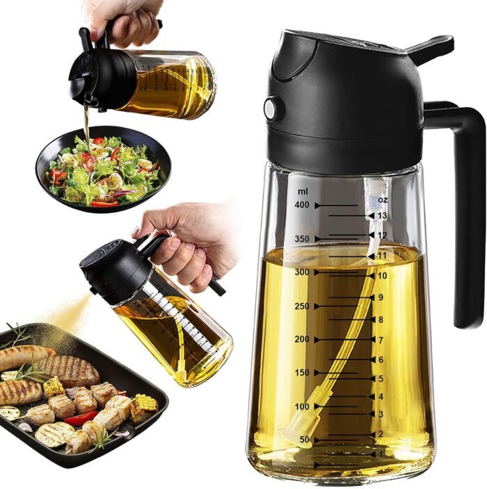 TrendPlain 16oz/470ml Glass Olive Oil Sprayer for Cooking – 2 in 1 Olive Oil Dispenser Bottle for Kitchen Gadgets and Air Fryer Accessories, Salad, BBQ - Black - Image 1