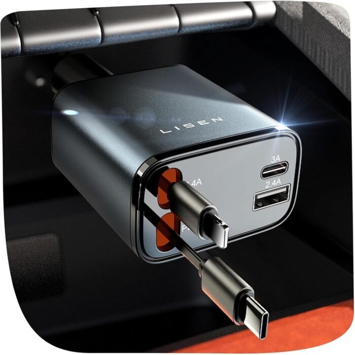 LISEN Retractable Car Charger, 69W USB C Car Accessories Adapter for iPhone 17 USB C Charger Fast Charging, Gifts for Women Men, Travel Essentials, for iPhone 17 Pro Max Air 16 15 14 13 12 Samsung S25 - Image 1
