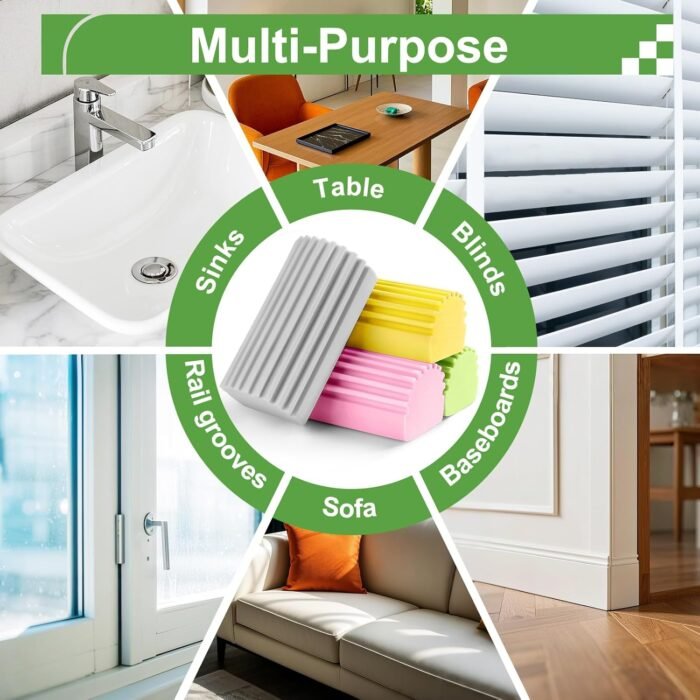 4-Pack Damp Clean Duster Sponge,Reusable Magic Dusting Sponge Brush for Cleaning Blinds, Glass, Baseboards,Vents,Railings,Mirrors,Window Track Grooves and Faucets (Grey,Yellow,Pink,Green) - Image 5