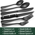 EWFEN 24-Piece Black Silverware Set with Steak Knives, Flatware for 4, Food-Grade Stainless Steel Tableware Cutlery Set, Mirror Finished Utensil Sets Home Restaurant - Image 2