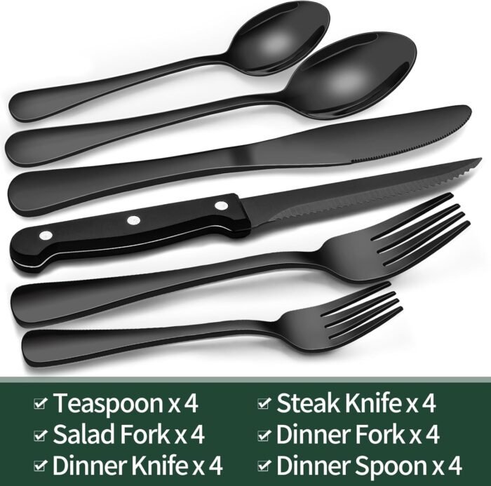 EWFEN 24-Piece Black Silverware Set with Steak Knives, Flatware for 4, Food-Grade Stainless Steel Tableware Cutlery Set, Mirror Finished Utensil Sets Home Restaurant - Image 2