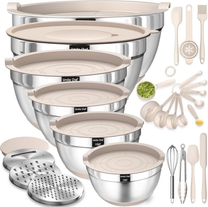 Mixing Bowls with Airtight Lids Set, 26PCS Stainless Steel Khaki Bowls with Grater Attachments, Non-Slip Bottoms & Kitchen Gadgets Set, Size 7, 4, 2.5, 2.0,1.5, 1QT, Great for Mixing & Serving - Image 1