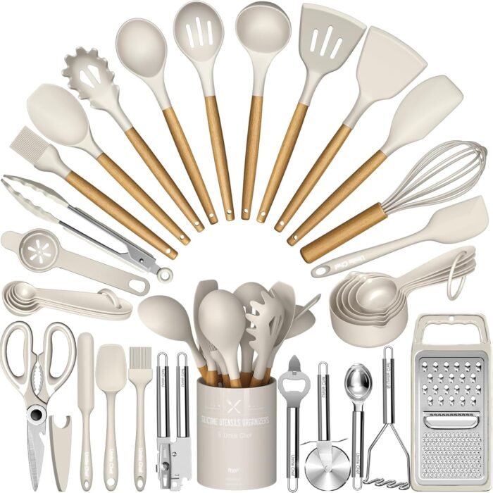 Umite Chef Silicone Kitchen Utensil Set, 34PCS Heat Resistant Kitchen Gadgets and Tools With Grater, Wood Handles for Nonstick Cookware - Image 1