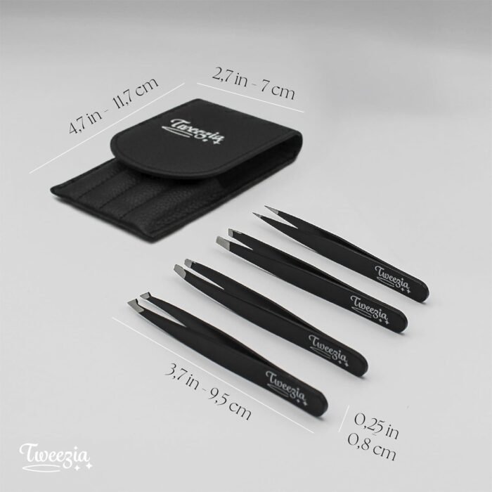 TWEEZIA Stainless Steel Tweezer Set - 4 Precision Tweezers with Mirror & Leather Case - Ideal Eyebrow Kit, Ingrown Hair Tweezers, Splinter Removal Kit or Pointed Tweezers for Beauty and Personal Care - Image 3