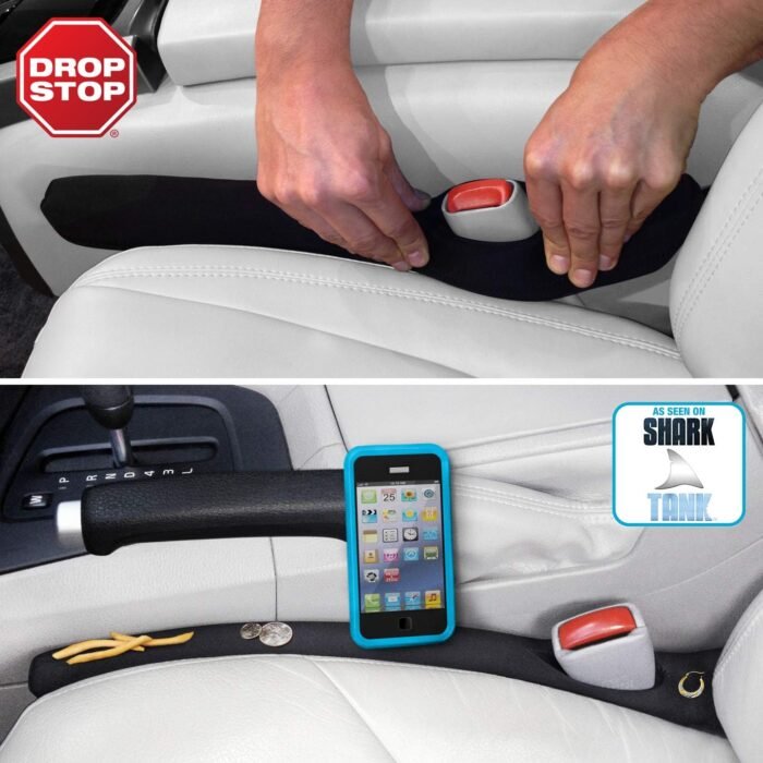Drop Stop - The Original Patented Car Seat Gap Filler (As Seen On Shark Tank) - Between Seats Console Organizer, Set of 2 and Slide Free Pad and Light - Image 1