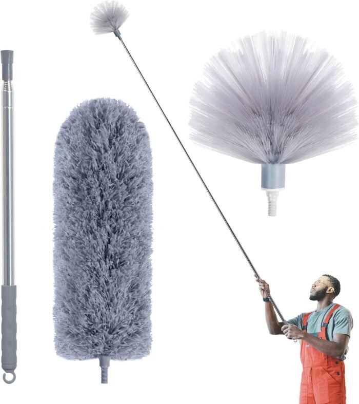 Cobweb Duster with Extension Pole, Spider Web Brush & Ceiling Cleaning Kit, 100" Microfiber Feather Duster Cleaner with Washable Head for Ceiling Fan, Furniture, Home - Image 1