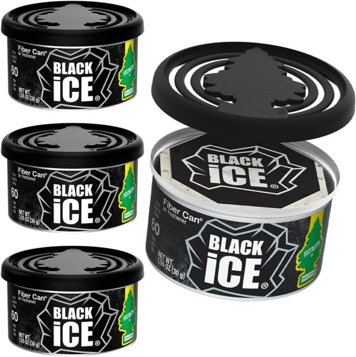 LITTLE TREES Car Air Freshener | Fiber Can Provides Long Lasting Scent for Auto or Home | Recycled Fiber | Black Ice, 4 Air Fresheners - Image 1