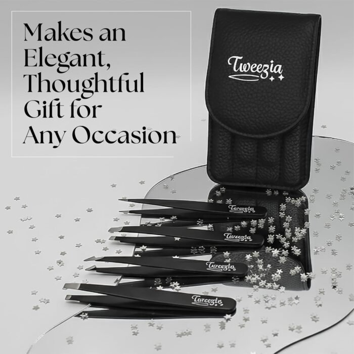 TWEEZIA Stainless Steel Tweezer Set - 4 Precision Tweezers with Mirror & Leather Case - Ideal Eyebrow Kit, Ingrown Hair Tweezers, Splinter Removal Kit or Pointed Tweezers for Beauty and Personal Care - Image 7