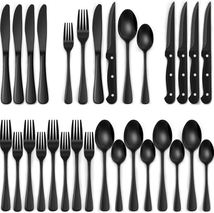 EWFEN 24-Piece Black Silverware Set with Steak Knives, Flatware for 4, Food-Grade Stainless Steel Tableware Cutlery Set, Mirror Finished Utensil Sets Home Restaurant - Image 1