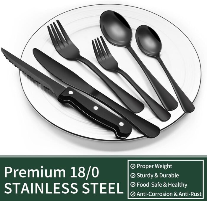 EWFEN 24-Piece Black Silverware Set with Steak Knives, Flatware for 4, Food-Grade Stainless Steel Tableware Cutlery Set, Mirror Finished Utensil Sets Home Restaurant - Image 5