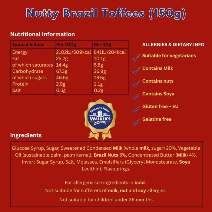 Walkers Nonsuch Nutty Brazil Toffees Bag 5.29 Oz (150g) – British Candy with Brazil Nuts, Individually Wrapped Butter Toffee Candy, English Toffee Sweets & Gourmet Food Gifts from UK - Image 6