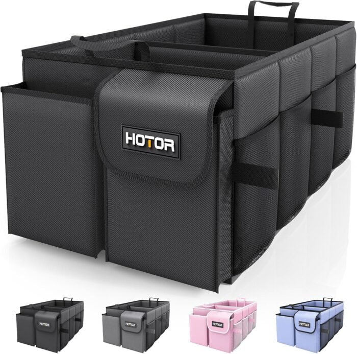 HOTOR Trunk Organizer - Car Organizer, Foldable Trunk organizer for SUVs & Sedans, Sturdy Car Organization for Car Accessories, Tools, Sundries, Black, 2 Compartments, 21.3"×12.6"×10.6" - Image 1