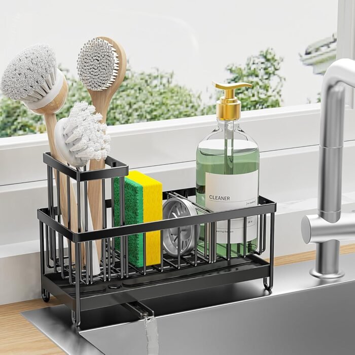 Cisily Black Sponge Holder for Kitchen Sink, Sink Caddy Organizer with High Brush Holder, Kitchen Countertop Organizers and Storage Essentials, Rustproof 304 Stainless Steel, Soap Dispenser Organize - Image 1