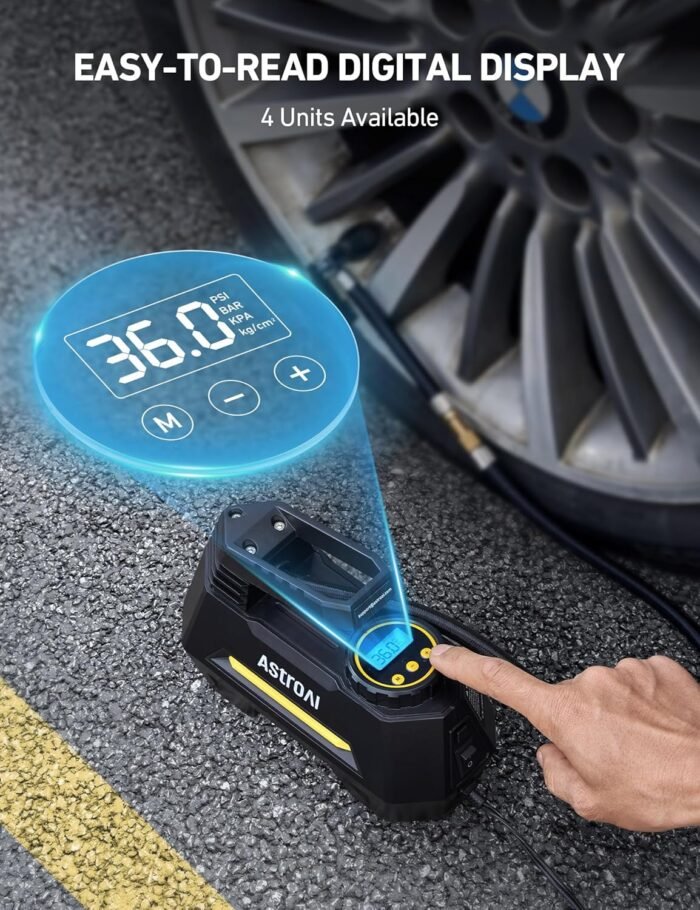 AstroAI Tire Inflator Portable Air Compressor Air Pump for Car Tires-Car Accessories, 9.8Ft Cord-12V DC-Powered Auto Pump with Digital Pressure Gauge, Emergency LED Light for Bicycle, Balloons, Yellow - Image 5