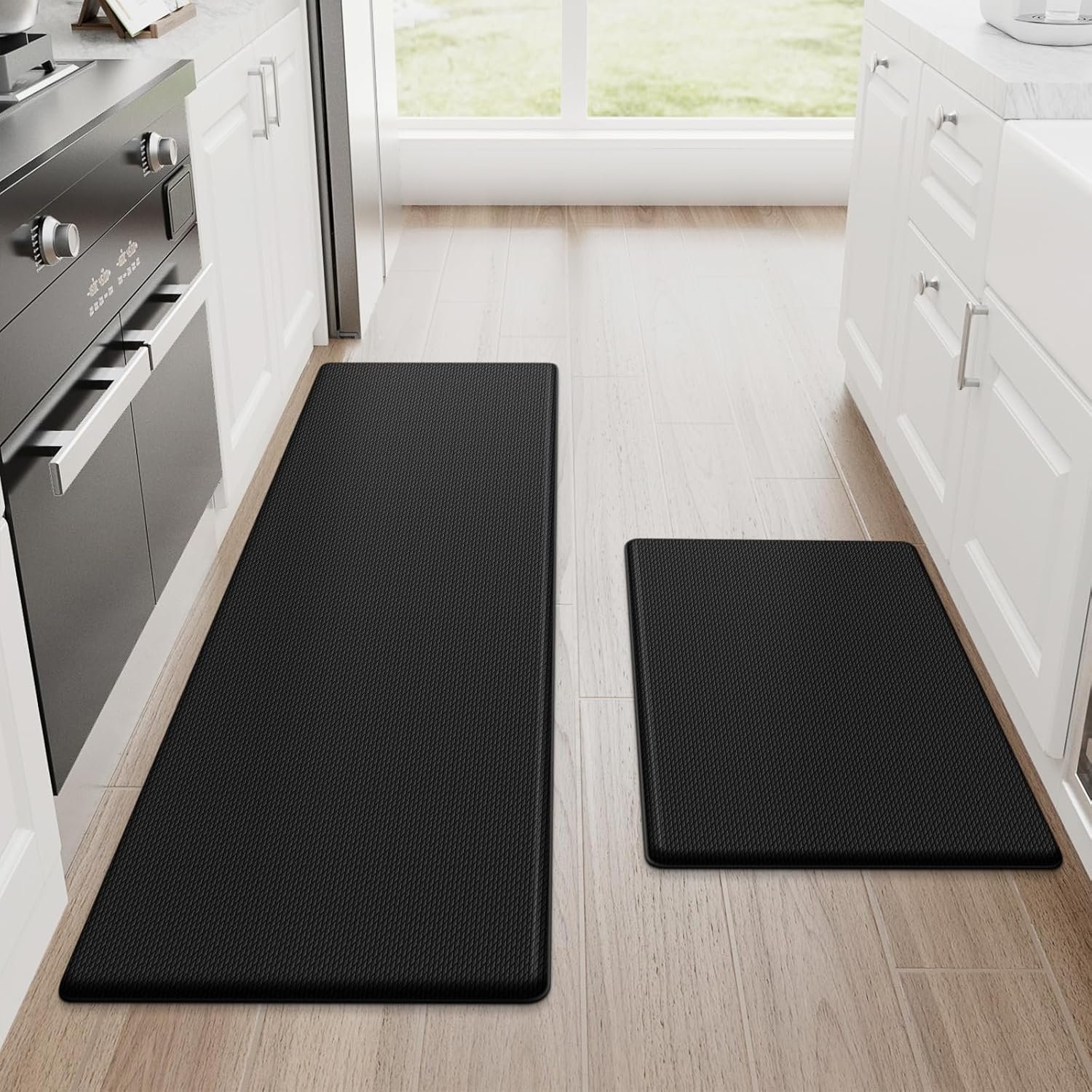 81NRhd43iAL._AC_SL1500_.jpg StepRite Kitchen Mats, 2PCS Kitchen Rugs, Cushioned Anti Fatigue Kitchen Mats for Floor, Non-Slip Standing Desk Mat, Waterproof Kitchen Rug Set for Kitchen, Floor, Office, 17.3"x30"+17.3"x47", Black - Image 1