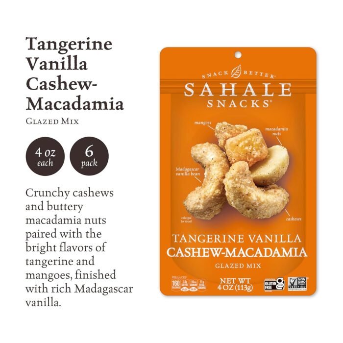 Sahale Snacks Tangerine Vanilla Cashew-Macadamia Glazed Mix, 4 oz Pouches (6 Packs) - Dry-Roasted Deluxe Mixed Nuts with Mangoes & Madagascar Vanilla - Non-GMO, Kosher, & Certified Gluten-Free Snacks - Image 2
