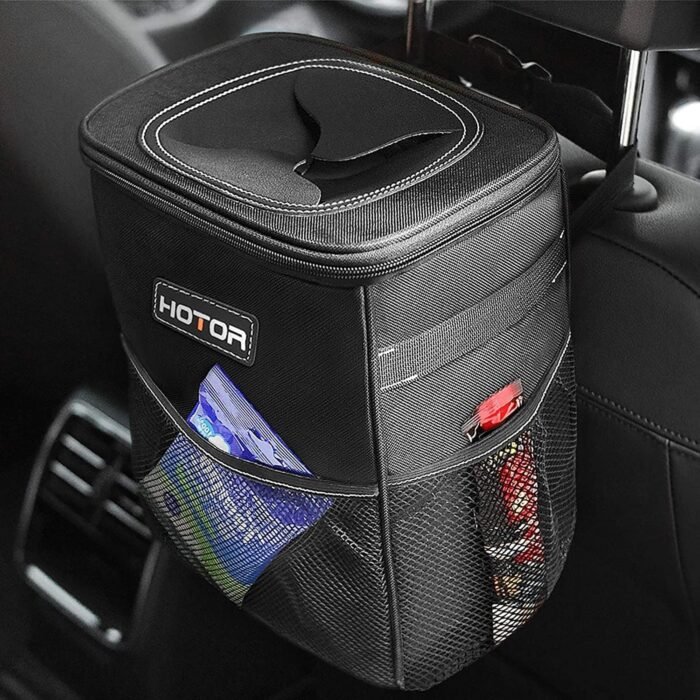 HOTOR Car Trash Can with Lid and Storage Pockets - 100% Leak-Proof Organizer, Waterproof Garbage Can, Multipurpose Trash Bin for Car, 2 Gallons, Black - Image 1
