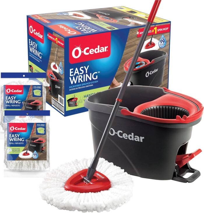 O-Cedar EasyWring Microfiber Spin Mop & Bucket Floor Cleaning System + 2 Extra Refills, Red/Gray - Image 1