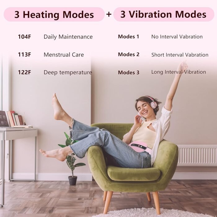 Portable Cordless Heating Pad, Heating Pad for Back Pain with 3 Heat Levels & 3 Vibration Massage Modes, Portable Electric Fast Heating Belly Wrap Belt for Women and Girl(Pink) - Image 4